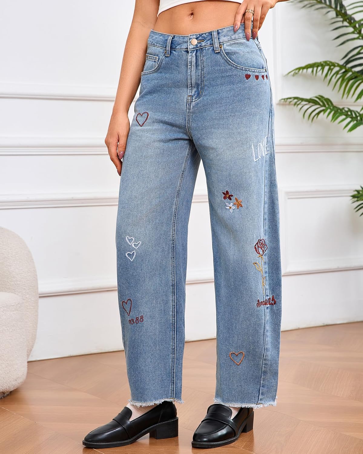 Women Valentines Day Pattern Embroidered Barrel Jeans Wide Leg Mid Rise Baggy Boyfriend Y2K Denim Pants with Pockets - Image 4