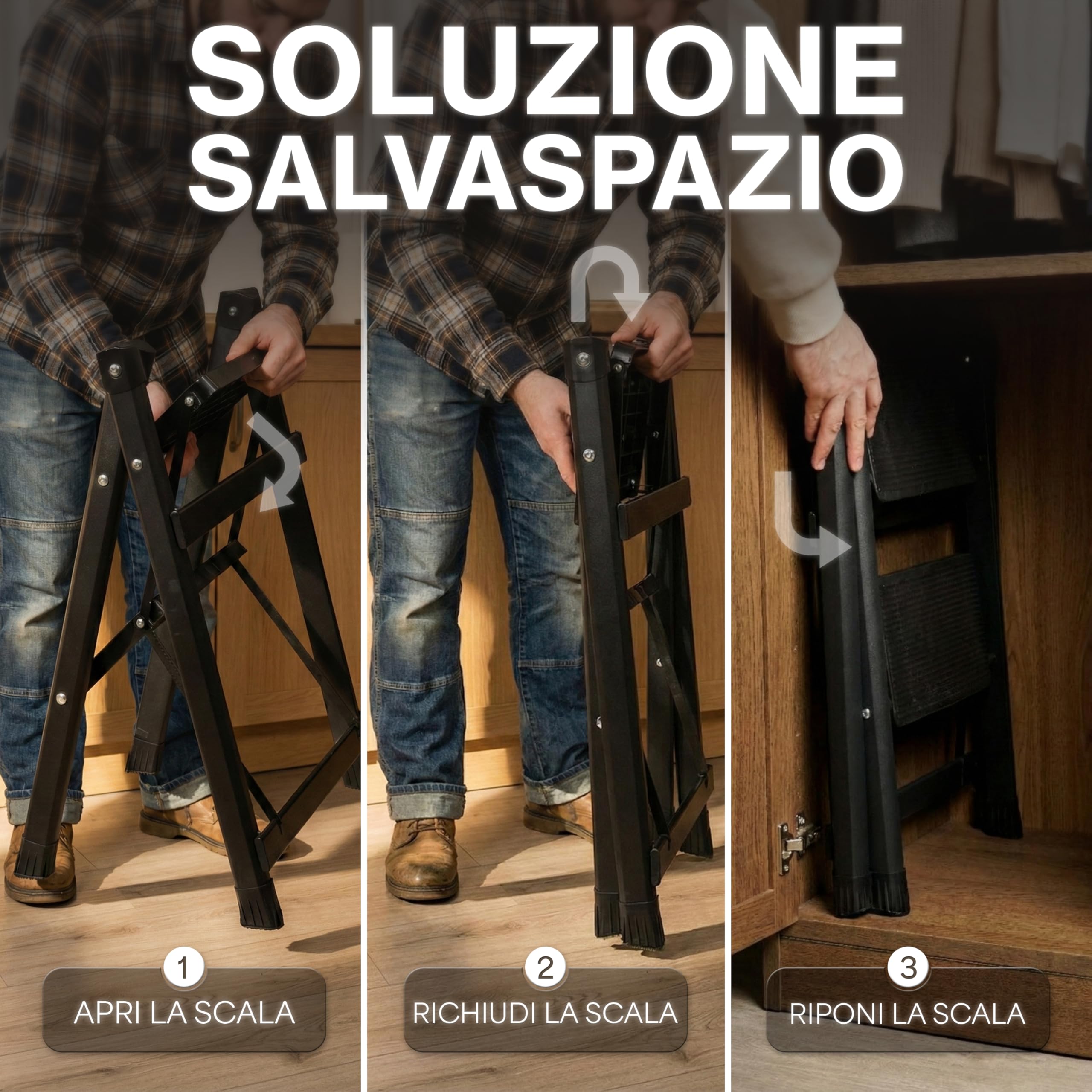 Sgabello Pieghevole in Acciaio al Carbonio e PP Rinforzato – Portata fino a 500 kg – Superficie Antiscivolo e Design Salvaspazio