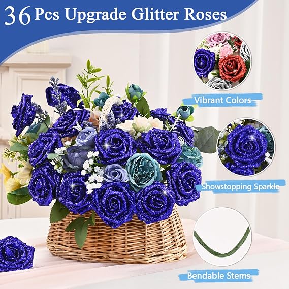 36Pcs Roses Artificial Flowers, Glitter Blue Roses Foam Flowers with Stems, Fake Flowers Glitter Foam Roses Bouquet for DIY Wedding Party Bridal Arrangements Table Centerpieces Home Decorations
