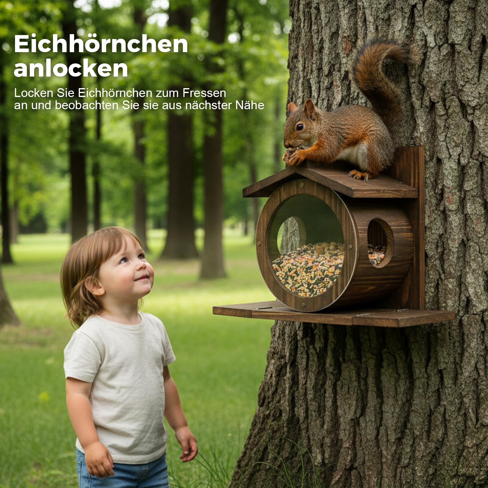 Eichhörnchen Futterhaus aus Holz, wetterfestes Dach, transparentes Fenster, für Bäume und Zäune