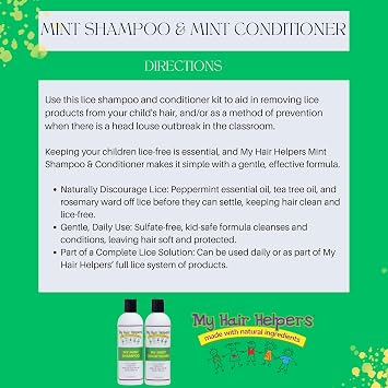 My Hair Helpers Lice Defense and Prevention Shampoo & Conditioner Bundle for Kids, Peppermint Scent, Safe for Daily Use, Works on 1-2 Children, 8 Ounces Each