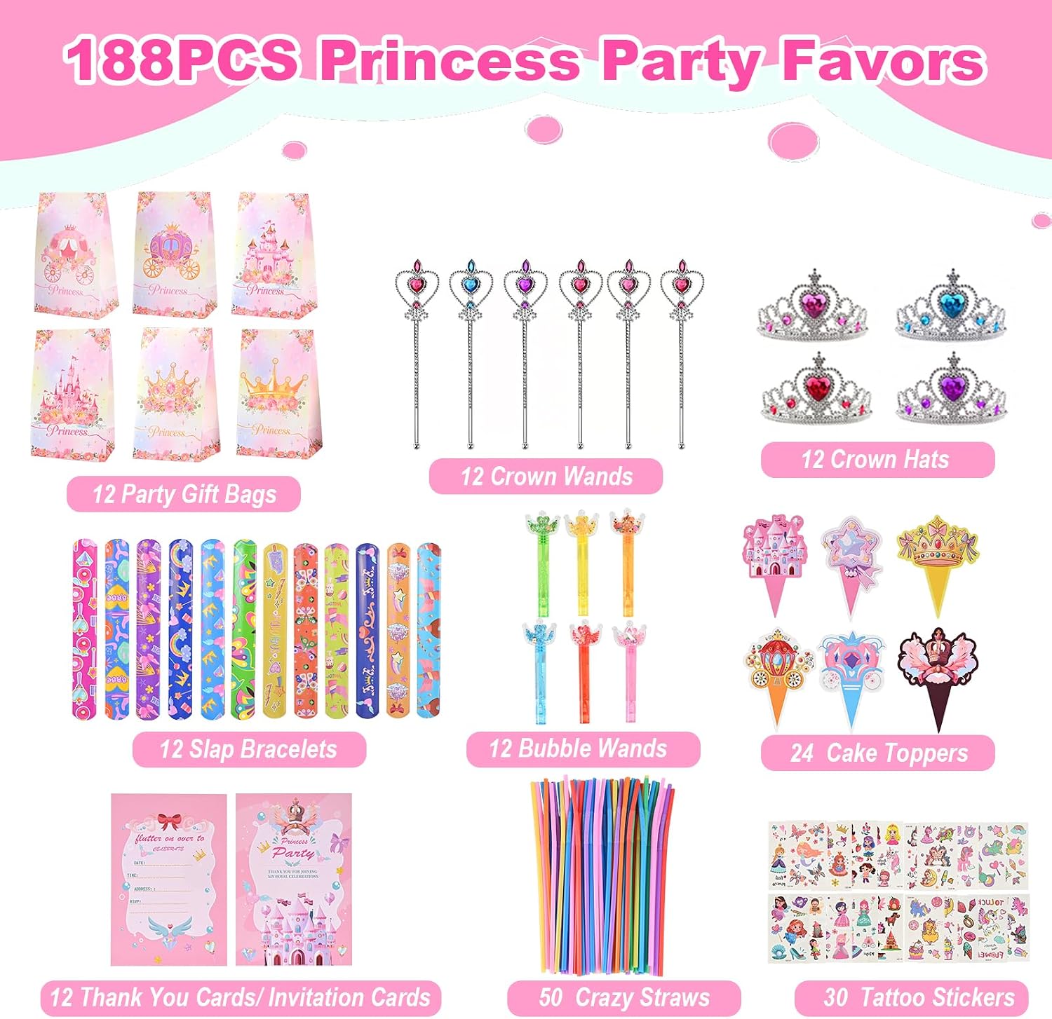 GOLDGE 188PCS Princess Party Favors, Birthday Goodie Bags with Crowns, Magic Wands, Straws, Bubble Wands, Tattoo Stickers & More, for Party Decorations, Pinata Fillers, Classroom Rewards for Girls