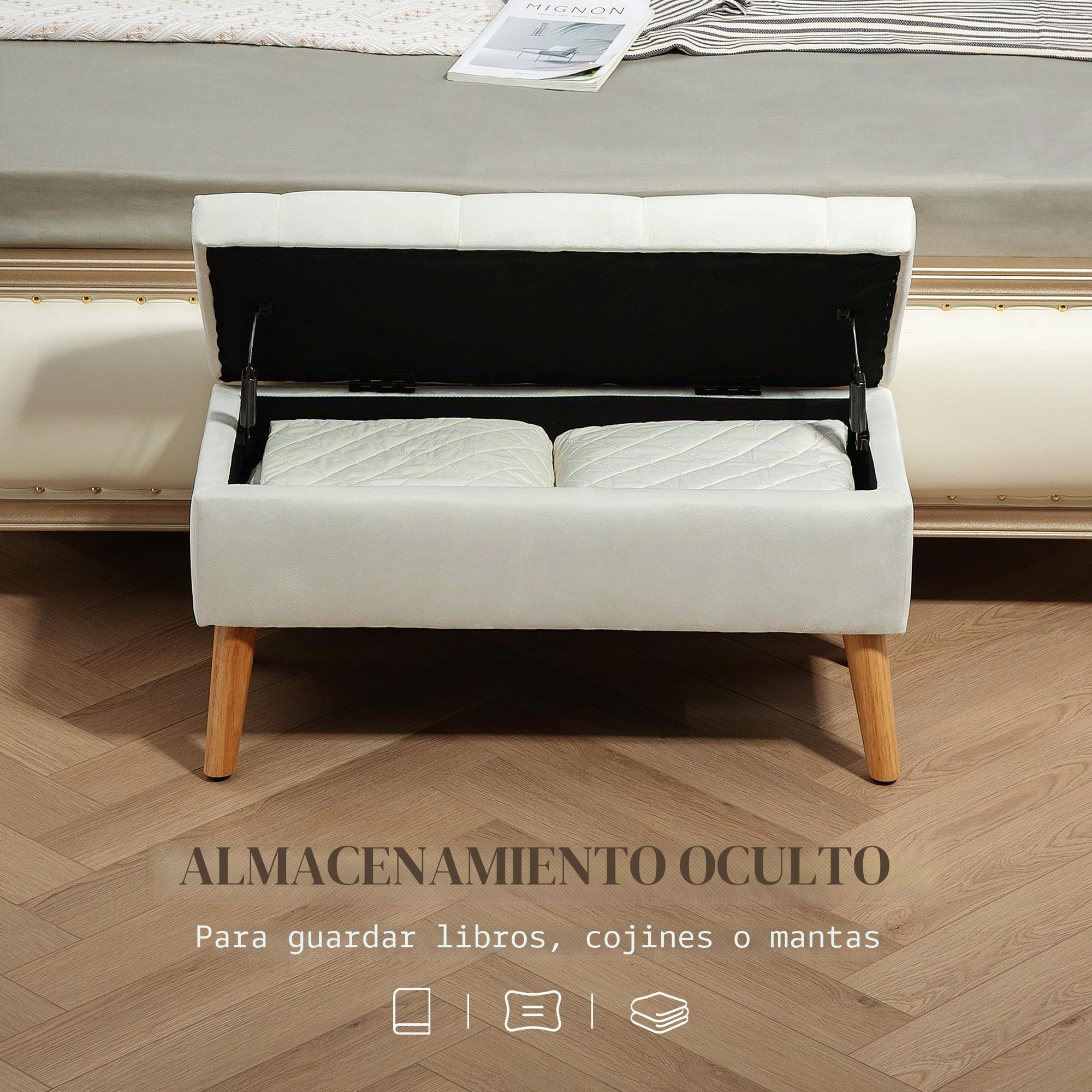 HOMCOM Banco de Almacenamiento con cojín y Tapa, 80x35x42 cm, Blanco | Banco de cama con aspecto terciopelo, para pasillo, dormitorio, salón, madera de caucho.