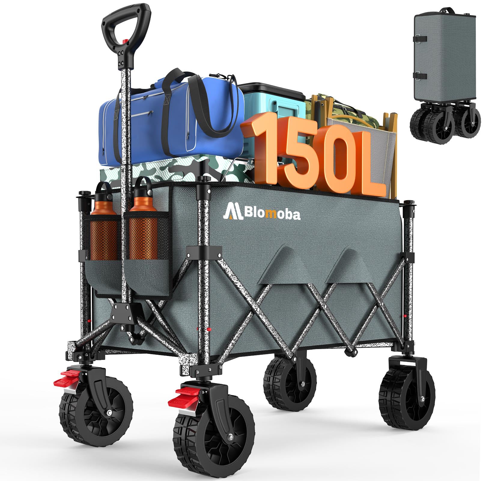 Blomoba Collapsible Wagon Cart, 150L Heavy Duty Foldable Beach Wagon with Wider Wheels & Auto-Rebound Handle, Utility Grocery Shopping Cart for Garden