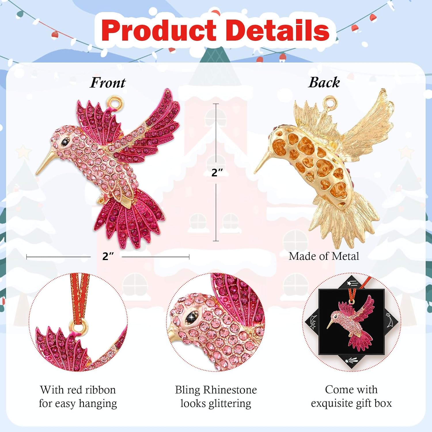 Hummingbird Christmas Ornaments - Pink Hummingbird with Rhinestones Ornaments for Hanging Christmas Tree,Keepsake Gifts for Bird Lovers - Image 3
