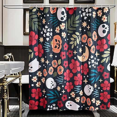 RoomTalks Cortina de ducha de baño bohemia para Halloween, decoración estética de baño, cortina de ducha negra colorida y espeluznante, juego de