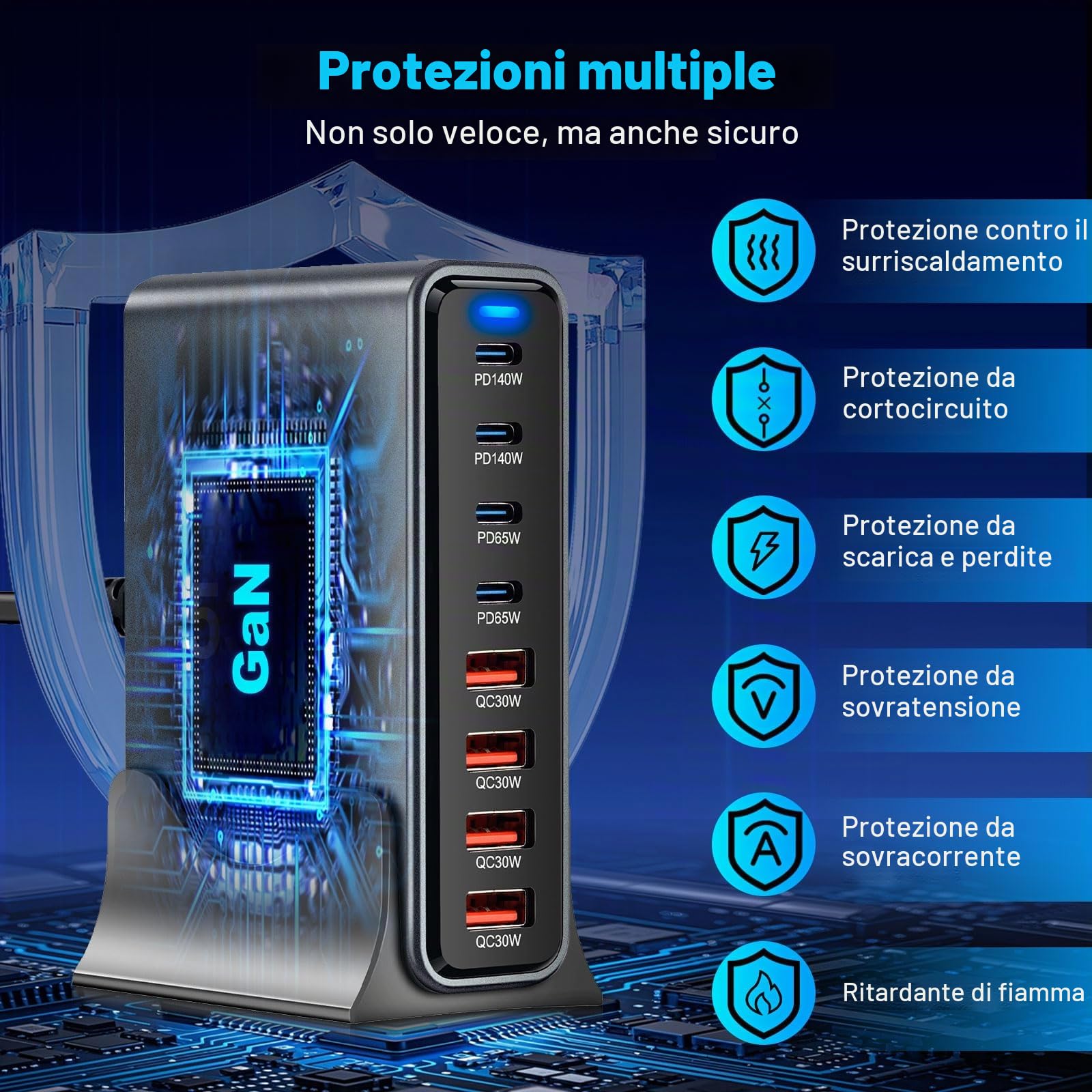 Caricatore USB C da 530 W, multiplo con 8 porte, GaN III, USB, multiplo con 4 x USB-C e 4 x USB-A, PD140 W, 65 W, 30 W Power Delivery stazione di ricarica USB C per MacBook Pro/Air, iPhone, iPad