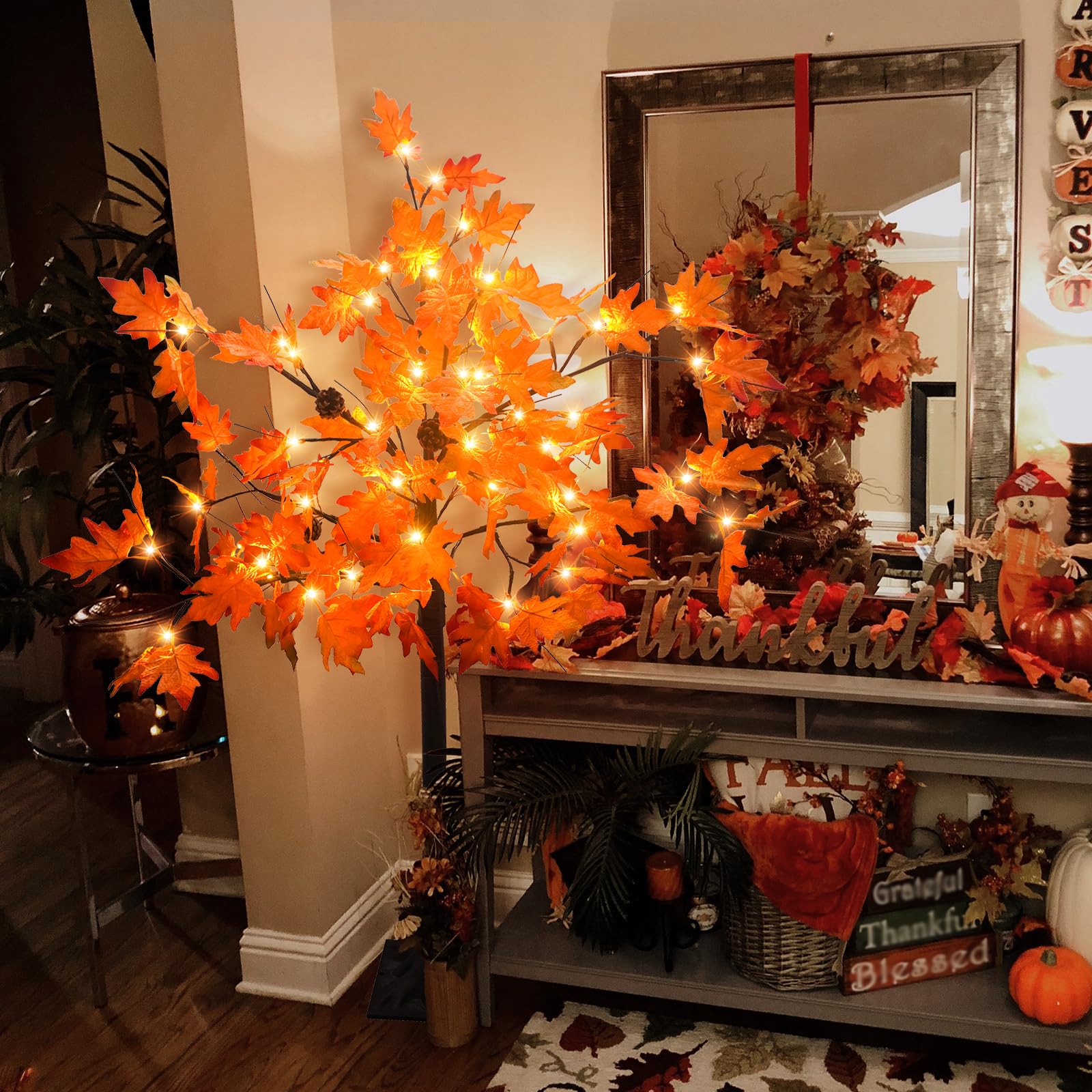 Dehoxara 4FT Prelit Maple Tree Artificial Fall Tree with Acorn Pine Cone 56 LED Autumn Lighted Tree for Thanksgiving Harvest Wedding Party Home Indoor Outdoor Decor