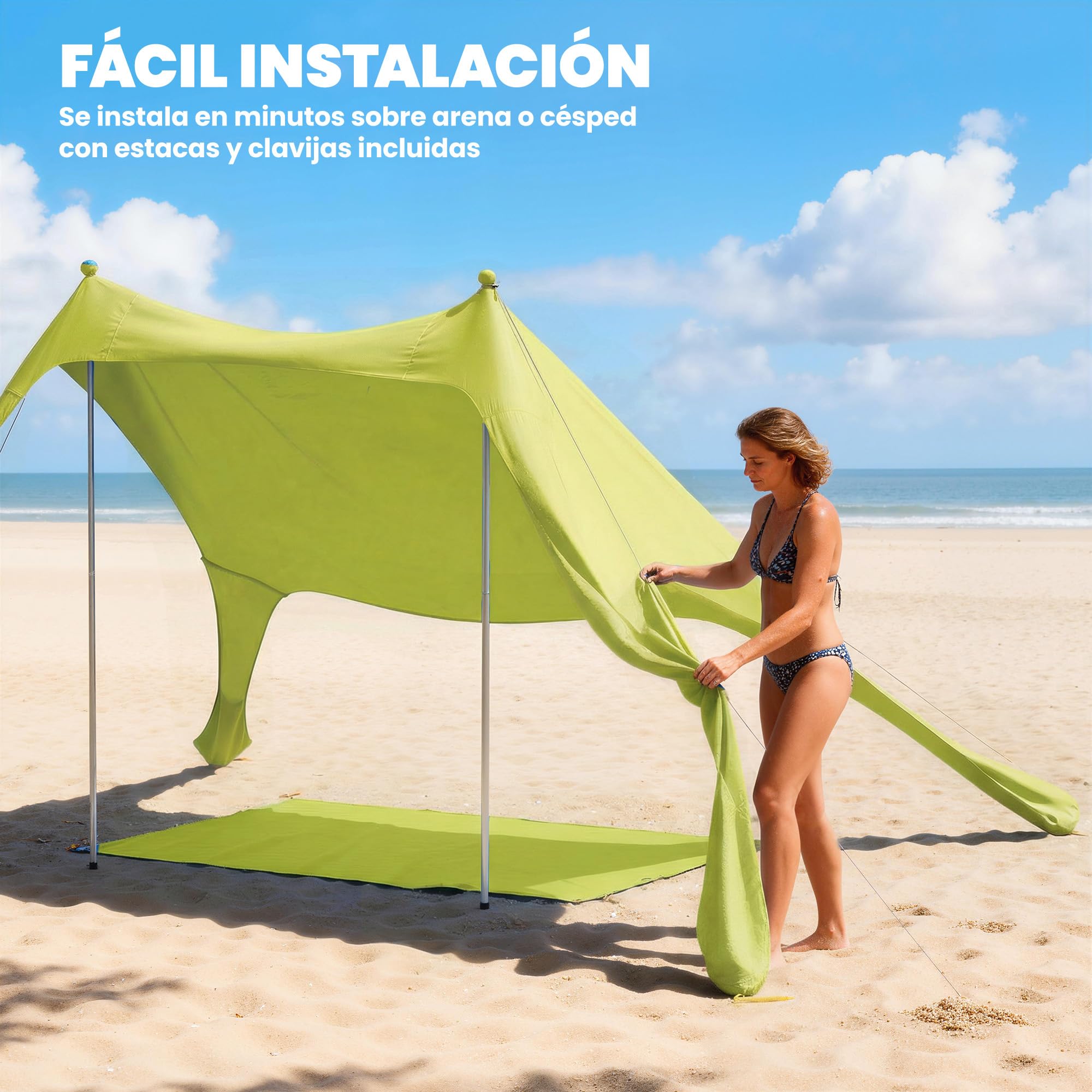 Outsunny Tenda da spiaggia pieghevole 208 x 200 cm, tenda da spiaggia portatile per 2-4 persone con tappetino, UPF50+, pali in alluminio, pala, picchetti e borsa per il trasporto impermeabile, per