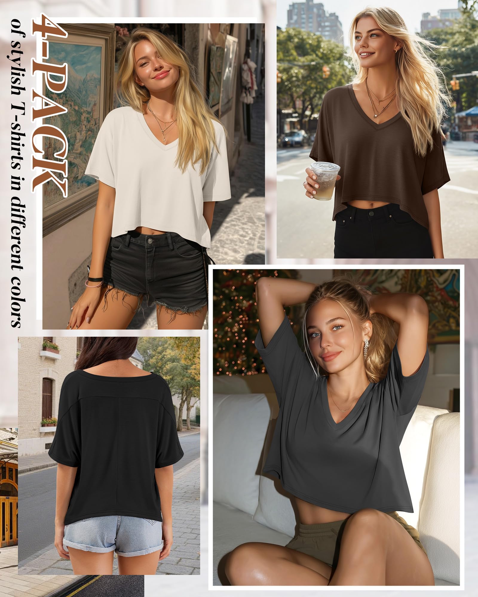 Neer Confezione da 4 magliette da donna oversize estive con scollo a V a maniche corte top con orlo irregolare