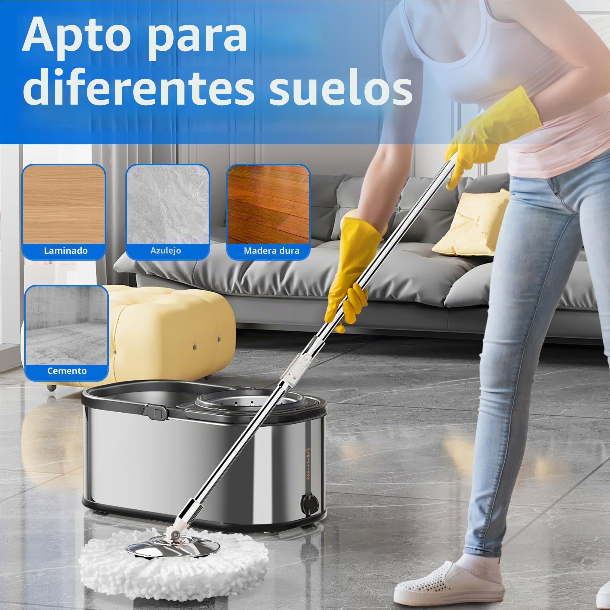 Sistema de Cubo de fregona de Ciclo Giratorio de Acero Inoxidable y Juego de fregona giratoria de 360° para Limpieza de Suelos con 6 Almohadillas de Repuesto de Microfibra, Mango Ajustable de Acero