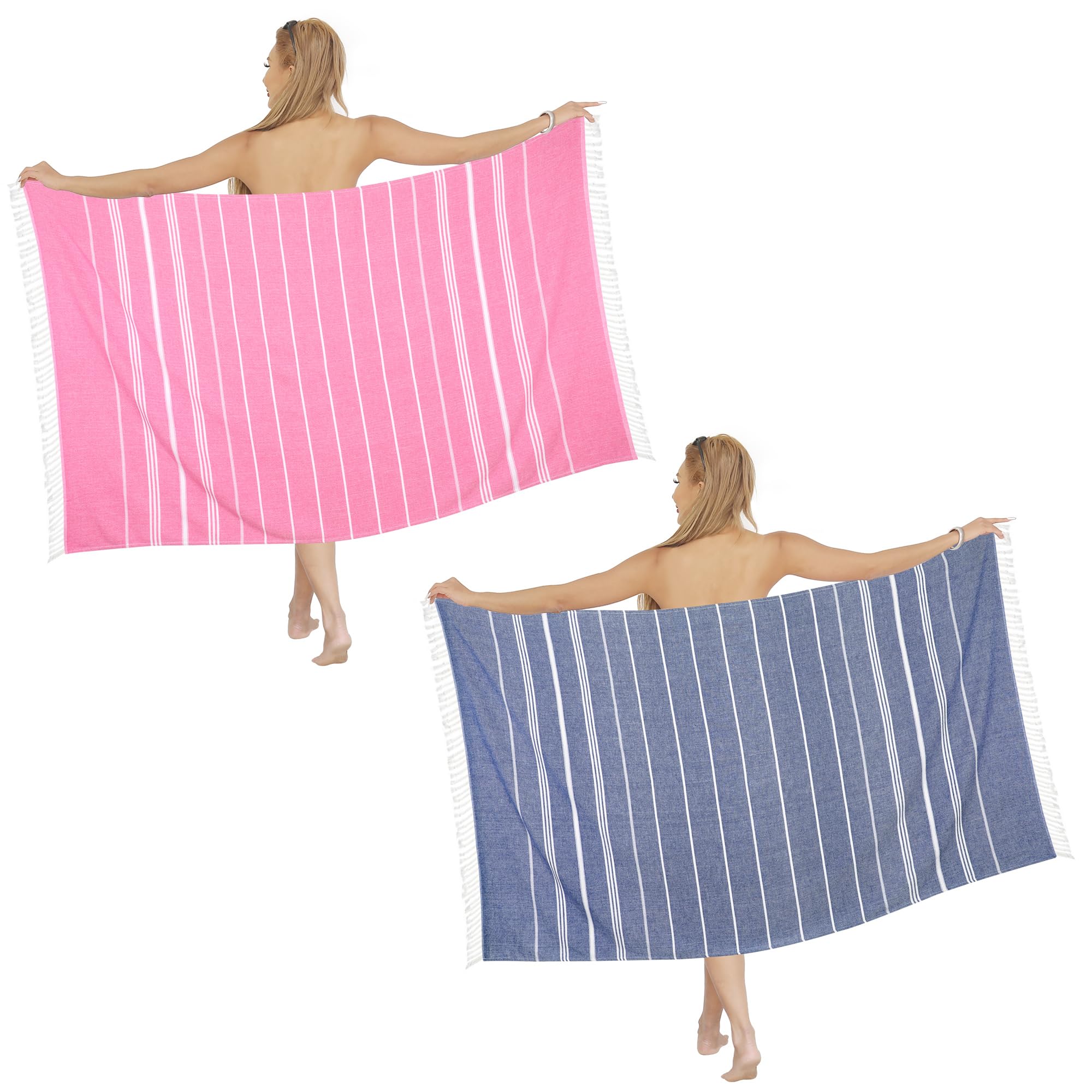 Dlebay 2 Pack Pink+Dark Blue Striped Turkish Weave Cotton Beach Towels, Super Absorbent & Quick Dry, Sand Free & Soft, Oversized 39 x 72 Inches,