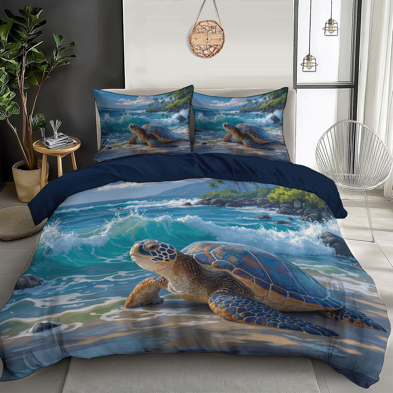Housse de Couette 200x200cm Tortue Mer Parure Lit Enfant Microfibre Lavable