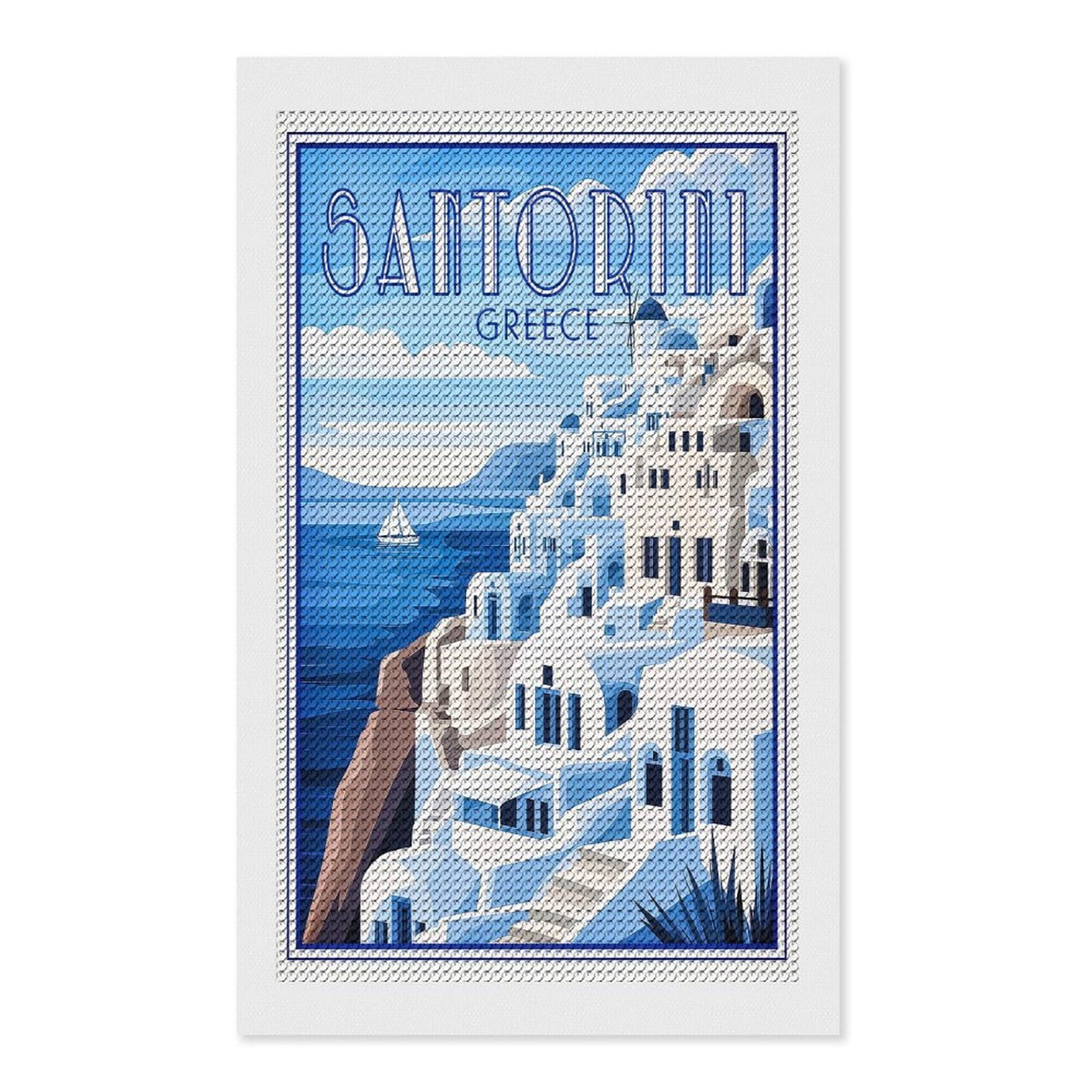 Junmoney Santorini Greece Retro Full Drill Diamond Painting Kit 12"x20", Sparkling Round Gems, Decorate Your Room, Mindful Craft Activity