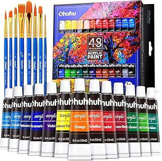 48 Acrylic Paint Set, Ohuhu 48 Colors Acrylic Paints Tubes with Brushes, Art Craft Paints Canvas Paints Wood Paint Rock Painting Art for Beginners Students Adults (12ml, 0.42oz Each)