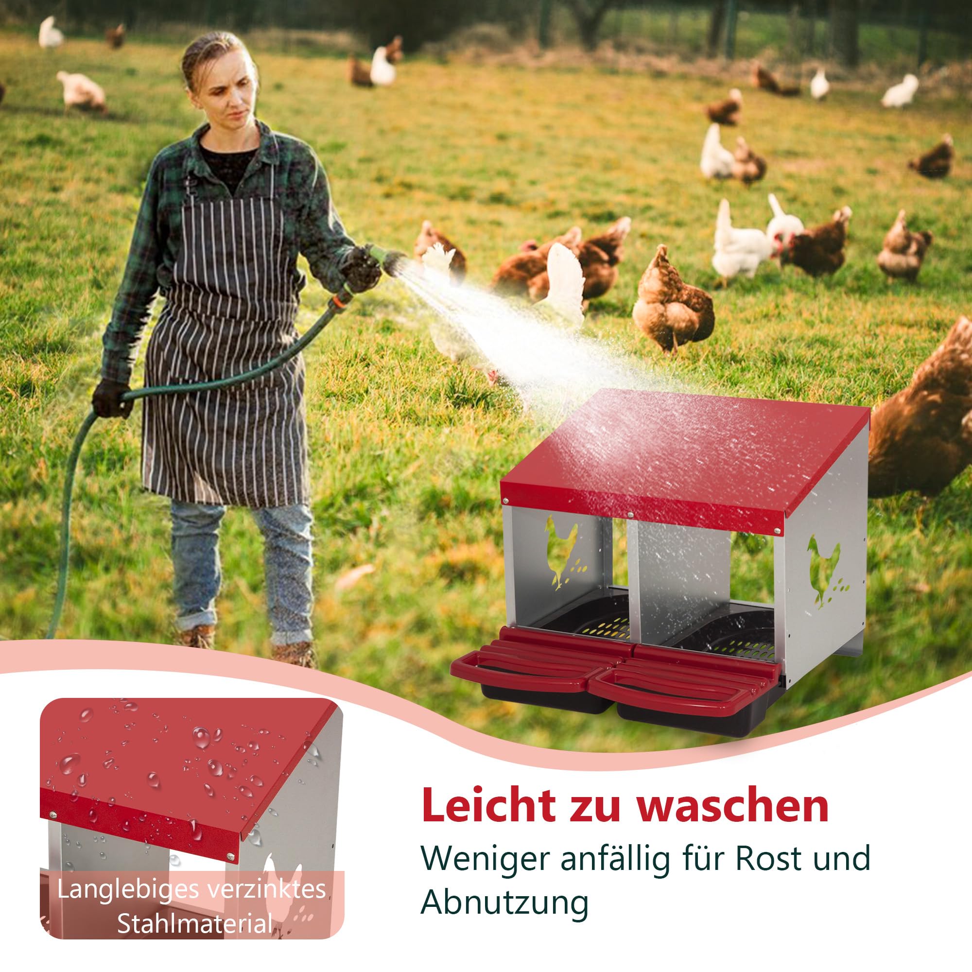 Legenester für Hühner, 2 Abteile, Abrollnest aus Robustem Metall mit Fangschale & Lüftungsschlitzen, Geflügelnest für Hennen, Enten, zur Wandmontage, 47,5x53x53,4 cm