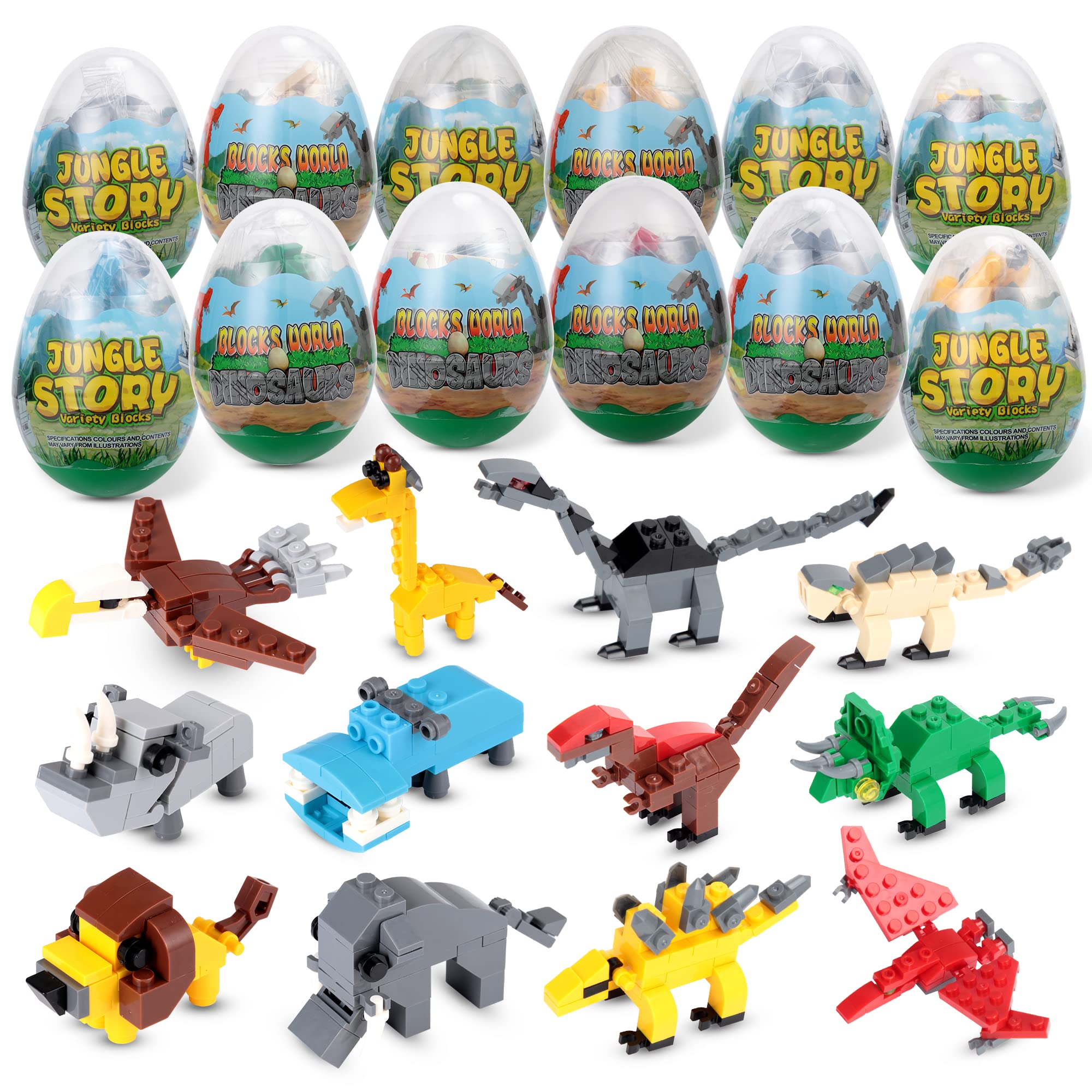 12PACK Easter Eggs Pre Filled with Jungle Animals Dinosaurs Building Blocks, 3.25" Eggs for Easter Party Favors, Easter Basket Stuffers, Easter Eggs Hunt , Classroom Prize Supplies