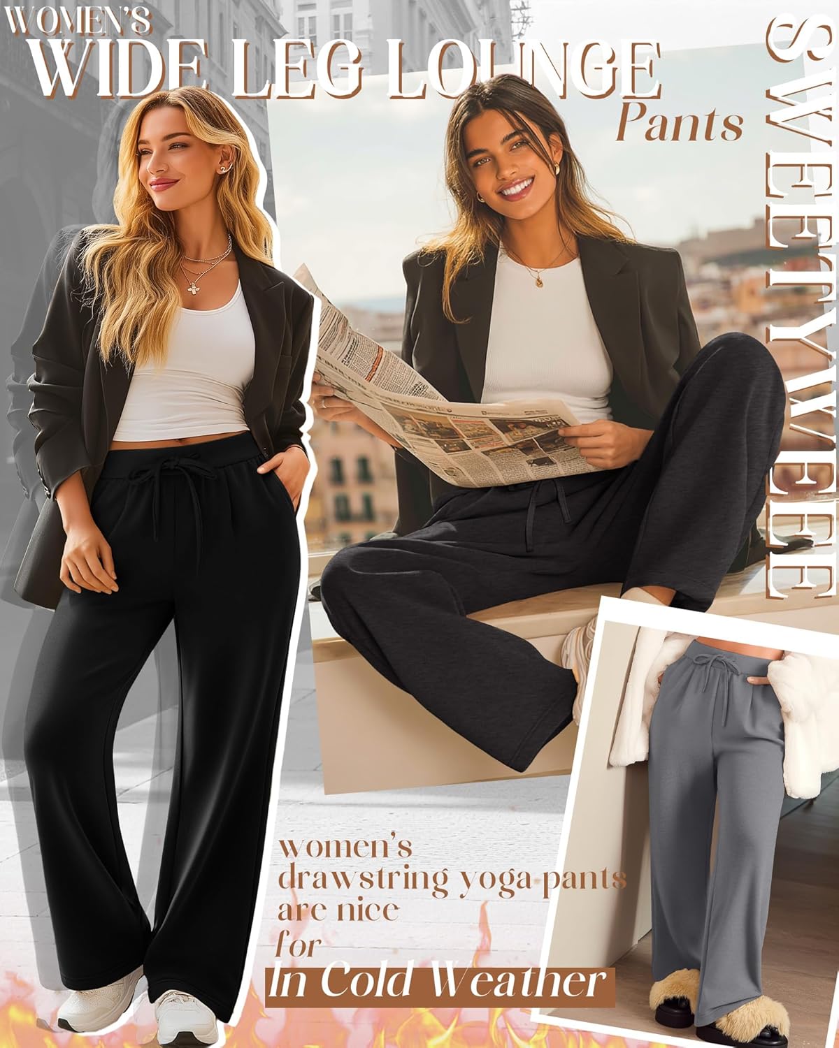 3 Pack Women's Fleece Lined Wide Leg Lounge Sweatpants Casual Thermal Drawstring Yoga Pants with Pockets - Image 3