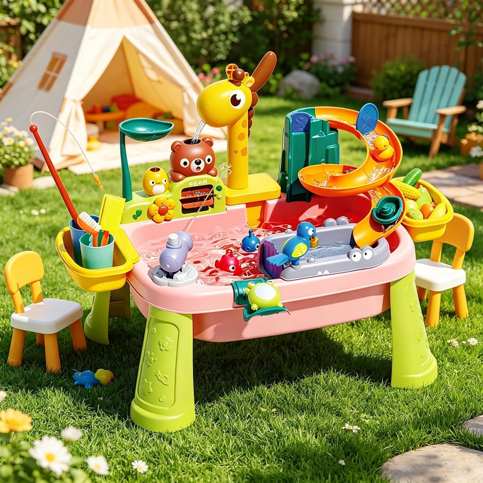 Wasserspieltisch Kinder Outdoor, Spielwaschbecken Mit Fließendem Wasser,Sommerliches Sinnesspielzeug Für Draußen, Strandspielzeug Kinder Von 1-5 Jahren, Wassertisch Mit Zubehör Für Mädchen