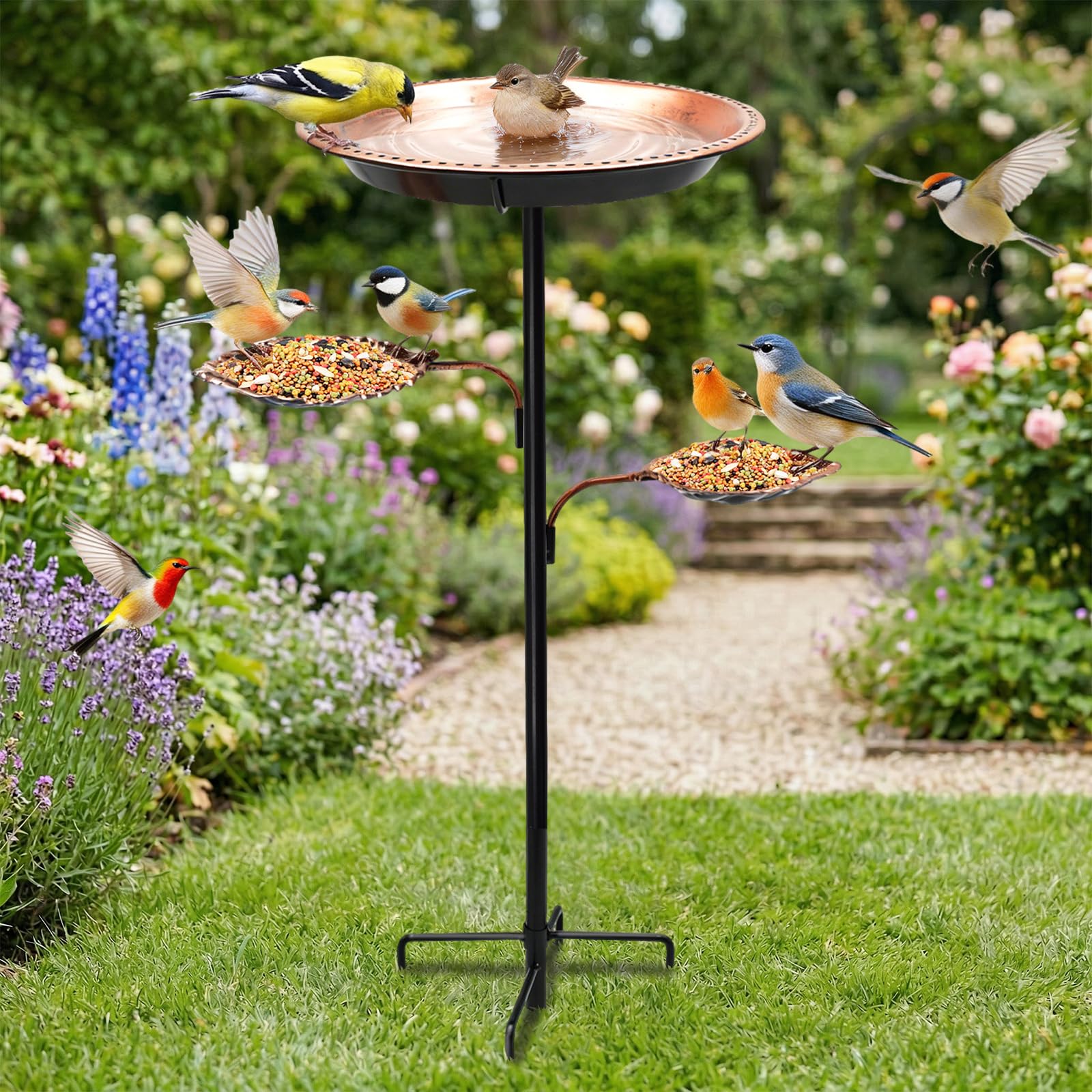 Cyiecw 93cm Vogeltränke Stehend, Vogelbad Gartendeko für Draußen, 2 in 1 Metall Wasserschale Garten & Futterstation für Vögel, Vogeltränke Winterfest mit Stabiler 5-Zinken-Basis(Antike Bronze)