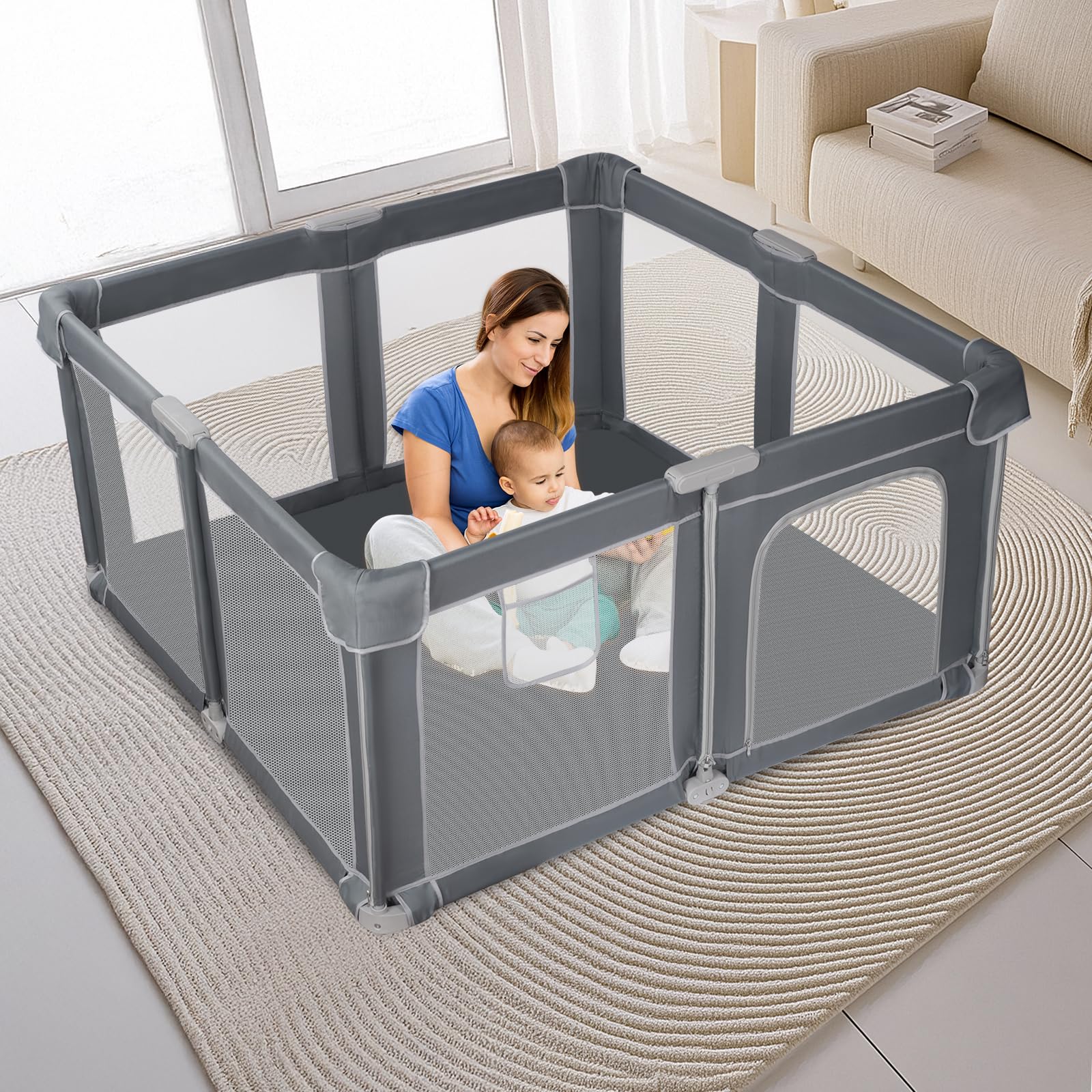 Parque Infantil Bebe 130x130cm, Parque Infantil Plegable, Corralito Bebe con Malla Transpirable,Parque de Juegos Bebe, Playpen Bebe (Gris oscuro)