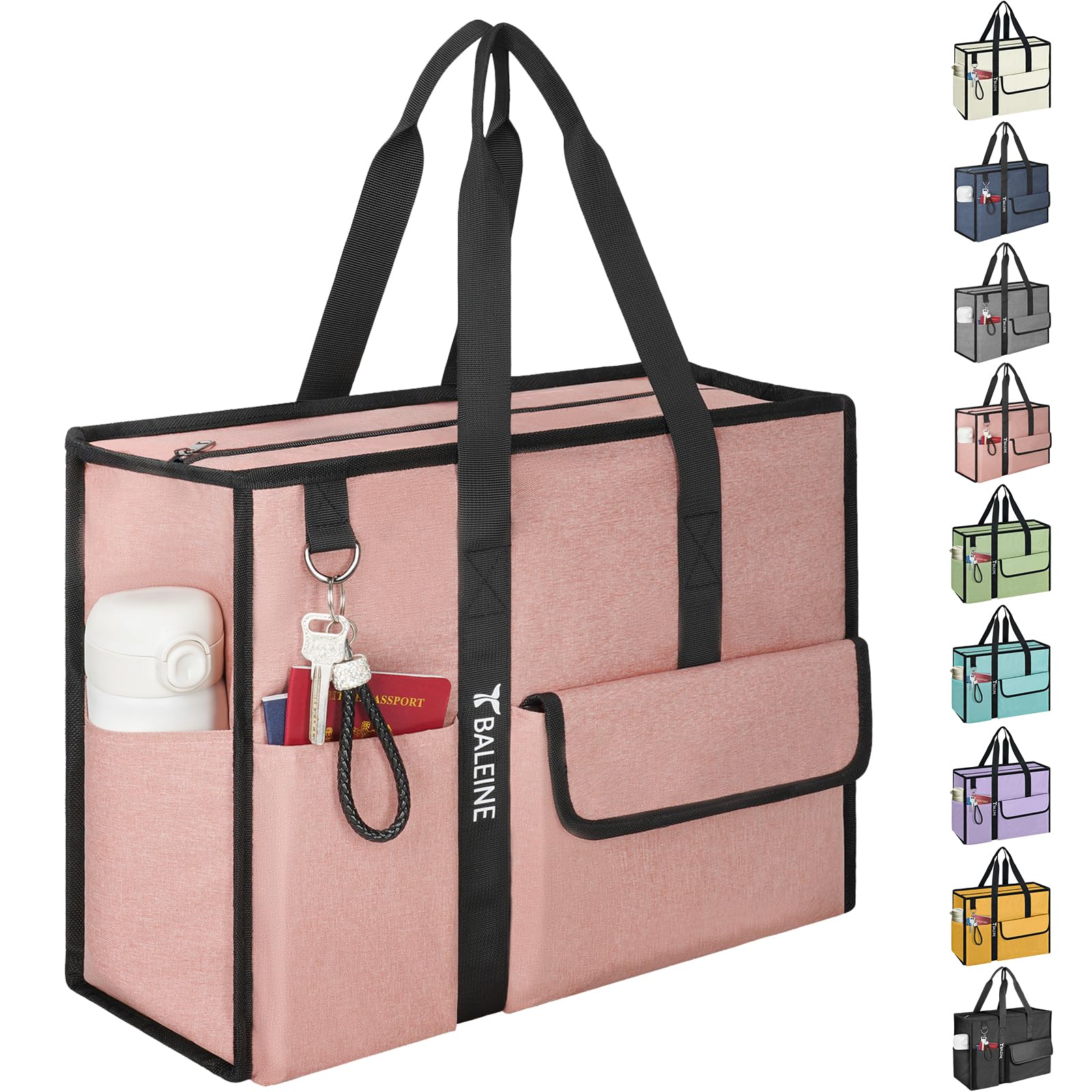 BALEINE Large Utility Tote Bag with Reinforced Bottom, Multi Pockets Foldable Tote Bag for Nurse, Travel, Work