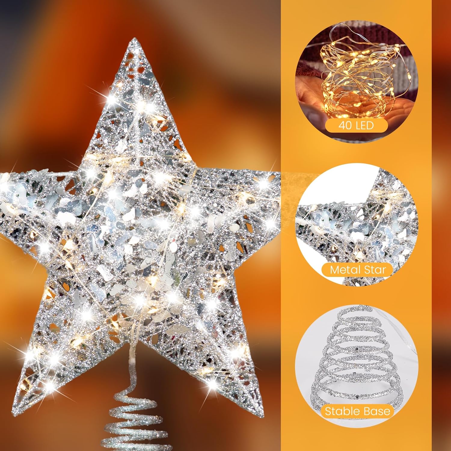 Raxurt Christmas Tree Topper, 40 LED 11 Inches USB Lighted Star Tree Topper with Remote Control Decorations for Indoor Home Decor, Warm White, Silver - Image 3