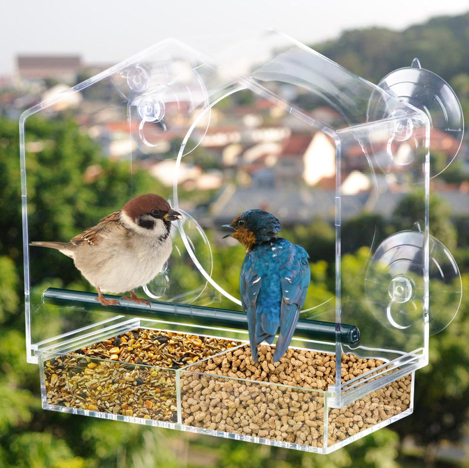 Nizirioo Comedero para pájaros para ventanas: comedero para pájaros con ventana transparente, comedero de pared colgante acrílico para pájaros silvestres con ventosas, comedero para pájaros silvestres