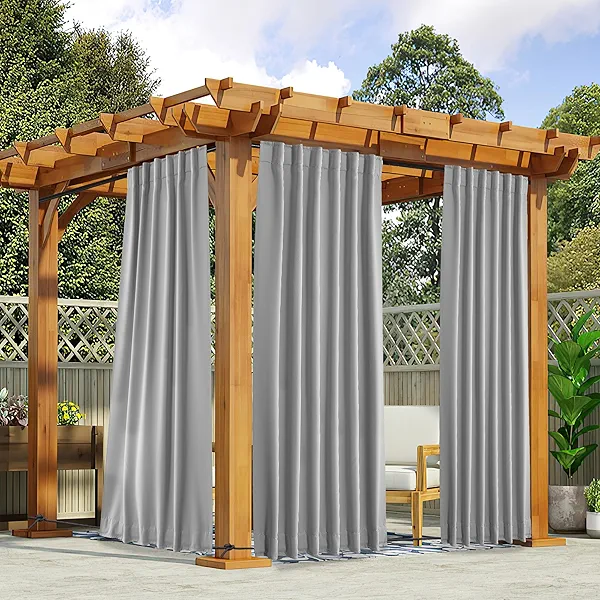 NICETOWN 2 Panels Outdoor Curtains Waterproof Pocket & Back Tab on Top & Bottom, Thermal Insulated Windproof Sun Blocking Outside Privacy Drapes for Patio with Fixed Rope, W52 x L84, Silver Gray