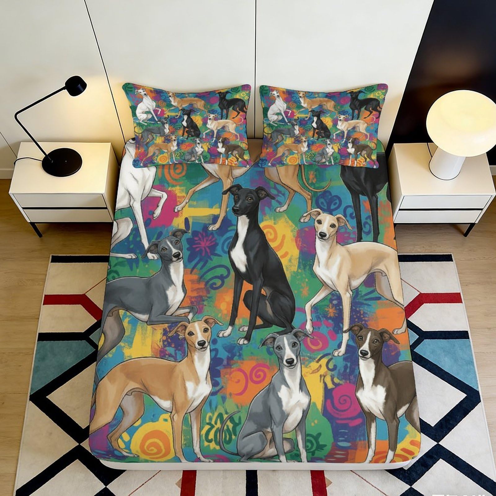 3D Printed Colorful Dog Pattern Fitted Sheet Microfiber Soft Breathable Greyhound Art Bed Cover for Bedroom Dorm Mattress Protection Decor 140x200x25cm