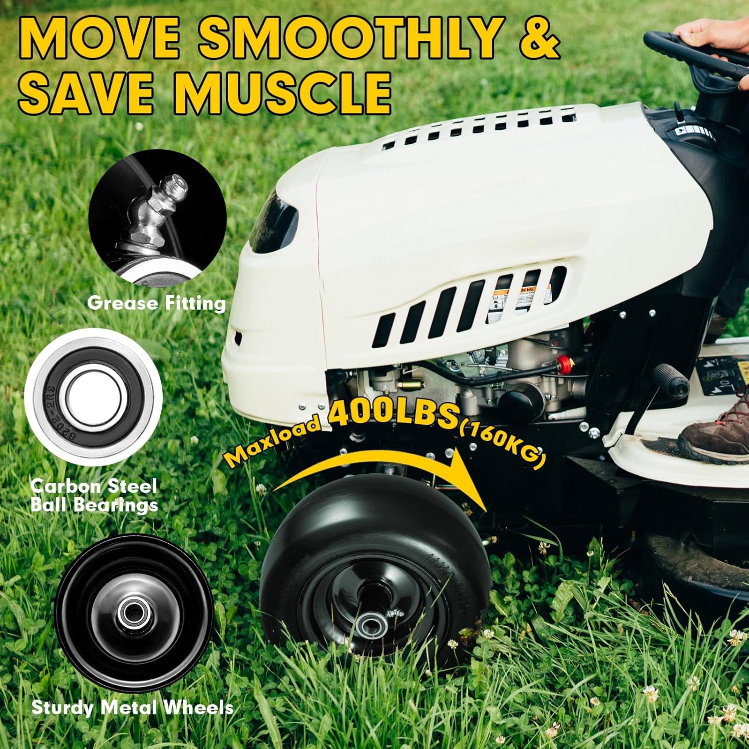 11x6.00-5" Lawn Mower Tire on Wheel Flat Free 2 PCS with 3/4" or 5/8" & 1/2" Bearings, Solid Mower Wheel, 6" - 8" Centered Hub Load 400lbs for Residential and Commercial Zero Turn Mower Tires