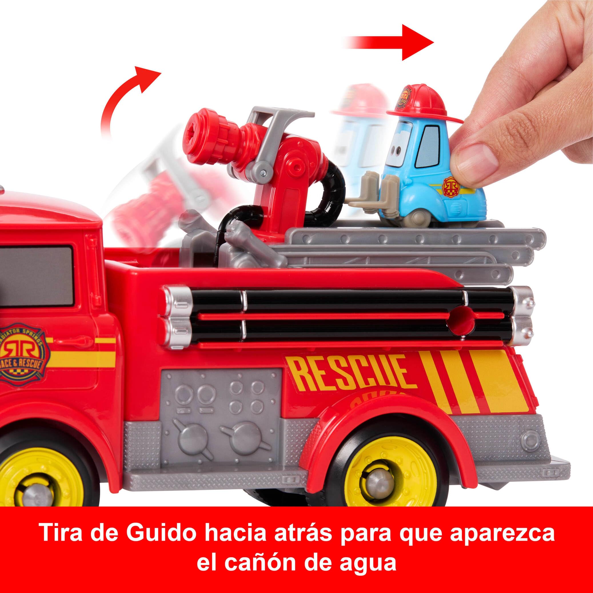 Mattel Disney Pixar Cars Rescate a toda máquina en Radiador Springs Camión de bomberos de juguete Rojo y Guido, 2 dianas de plástico en forma de fuego y 2 proyectiles de agua, JFL54