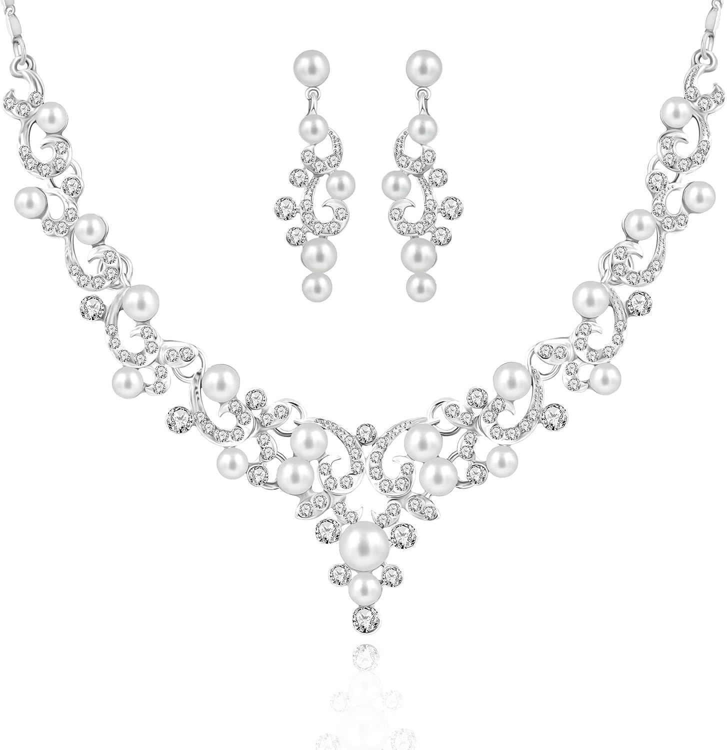 Simulated Pearl Necklace and Stud Earrings Wedding Bridal Jewelry Set for Women Bridesmaid Jewelry Simulated Pearl Necklace and Stud Earrings Wedding Bridal Jewelry Set for Women Bridesmaid Jewelry