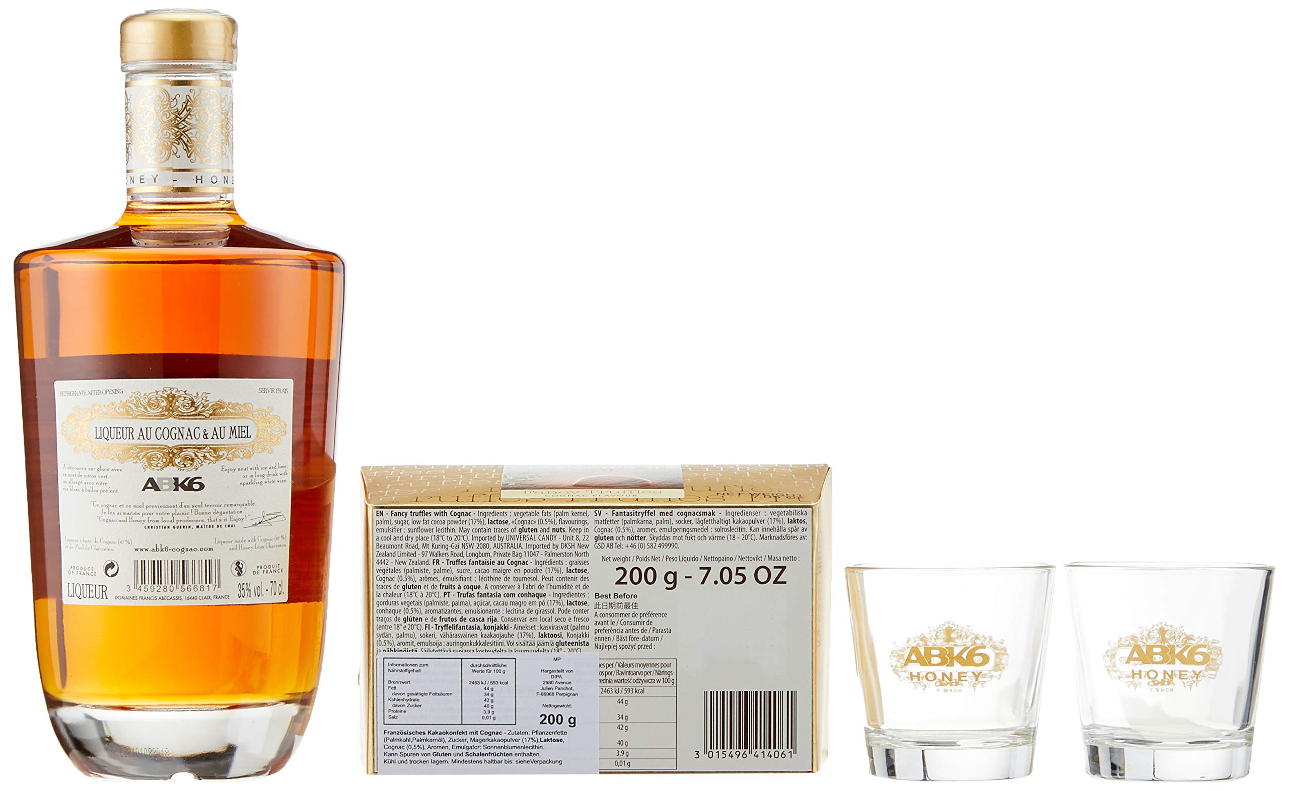 The Wine Guys Jacquot HONEY-COGNAC Liqueur ABK6 und französische Schokoladentrüffel und zwei originale Gläser als Geschenkset