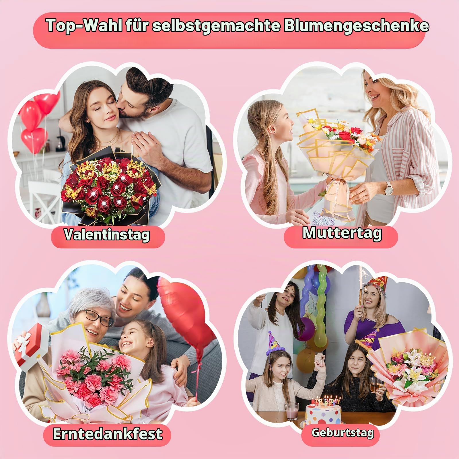 homdat Blumenstrauß Papier Set, bestehend aus 100 Blatt Geschenkpapier mit Blumenmuster, Bändern, Grußkarten, Diamantbroschen, 3D-Schleifen und Blumenkränzen zum Verpacken von Blumengeschenken,58 cm