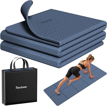 Readaeer Foldable Yoga Mat for Travel Folding Yoga Mat 6mm Thick with Carrying Bag, Non-Slip TPE Exercise Pilates Mat for 72" L x 24" W x 0.24 Inch