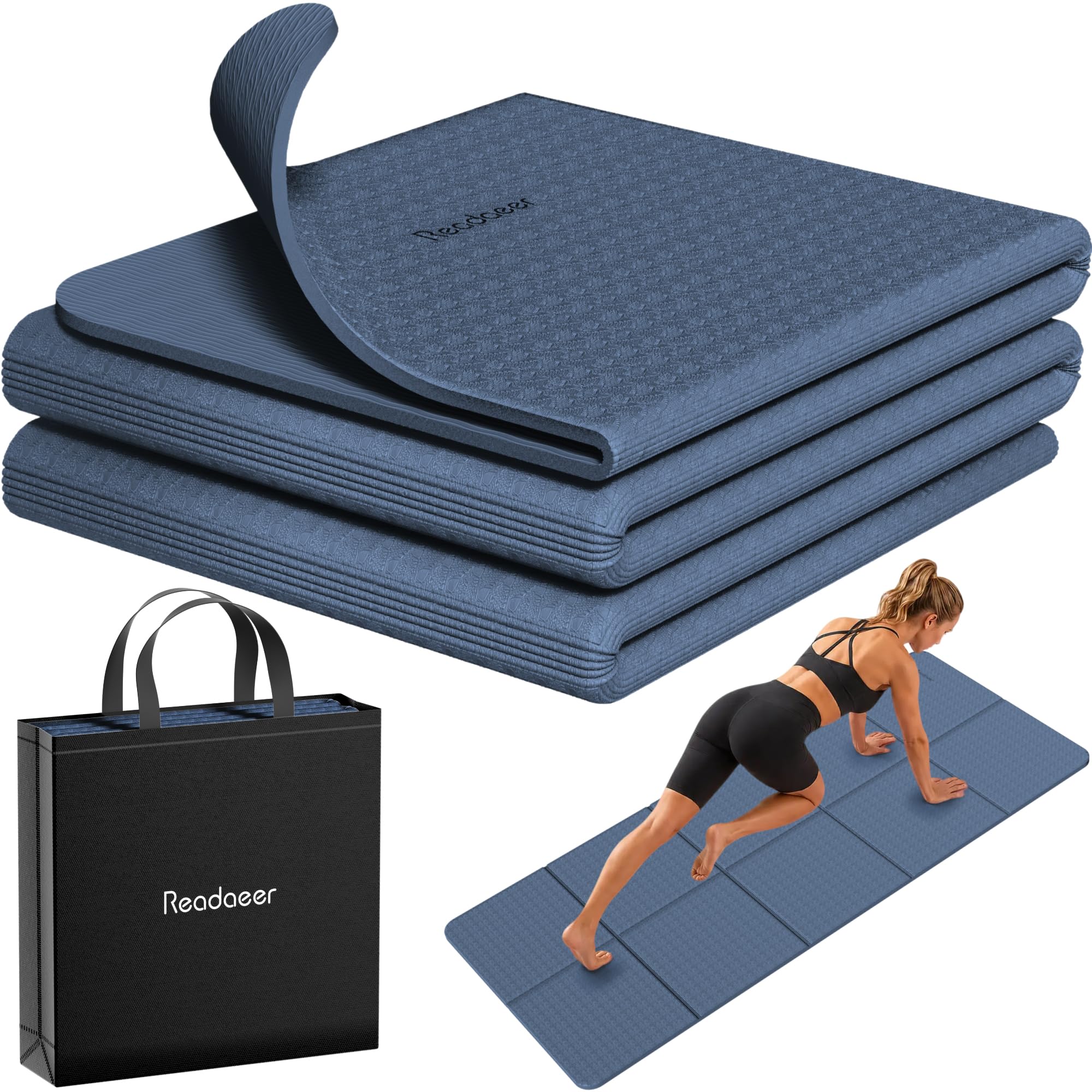 Readaeer Faltbare Yogamatte für Reisen, faltbare Yogamatte, 6 mm dick, mit Tragetasche, rutschfeste TPE-Übung, Pilatesmatte für 183 cm L x 61 cm B x 0,6 cm (Blau)