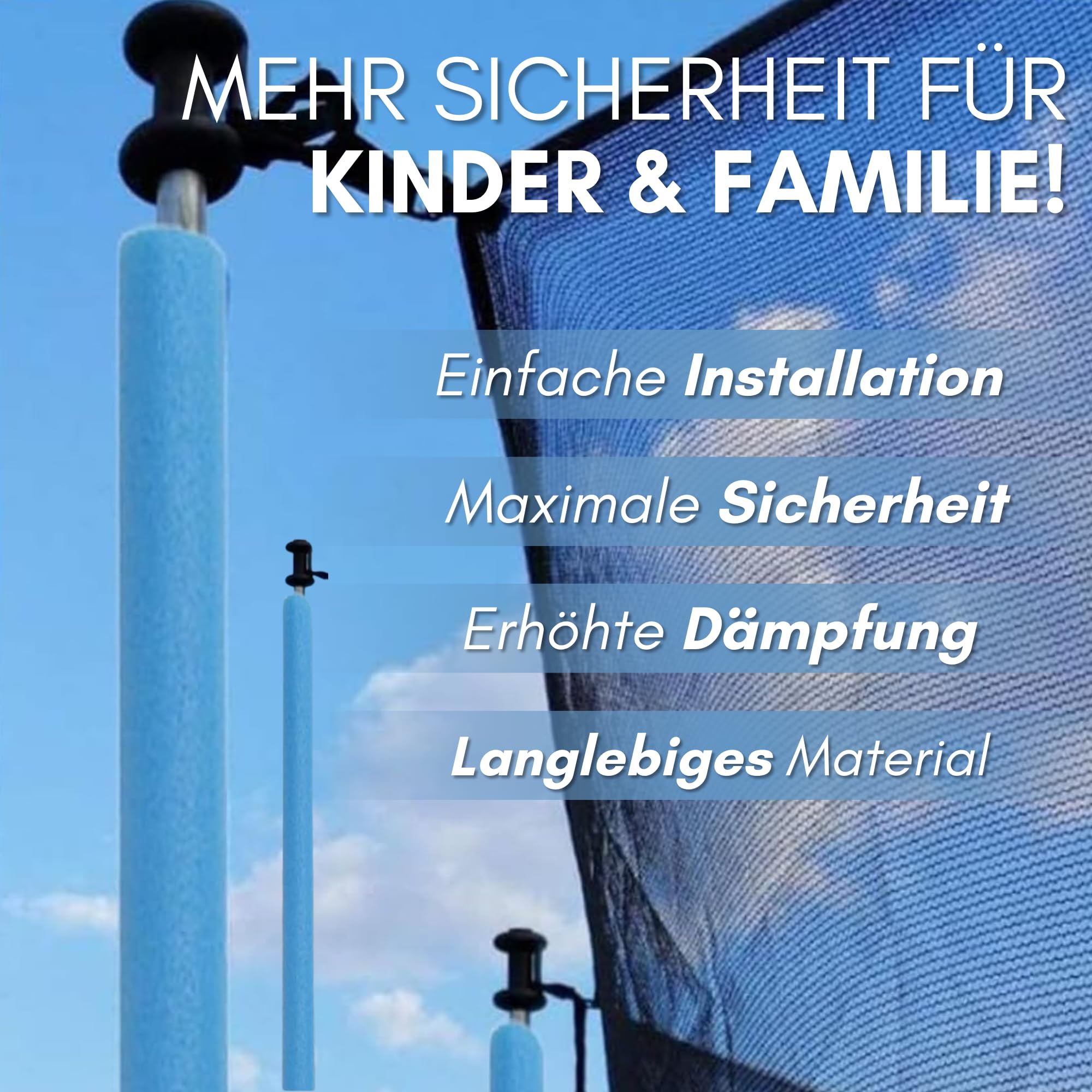 16x Trampolin Schaumstoff Rohre Polster 92cm - Stangenschutz für 8 Stangen Sicherheitsnetz inkl. Kappen – Wetterfest & Stoßdämpfend - Made in EU