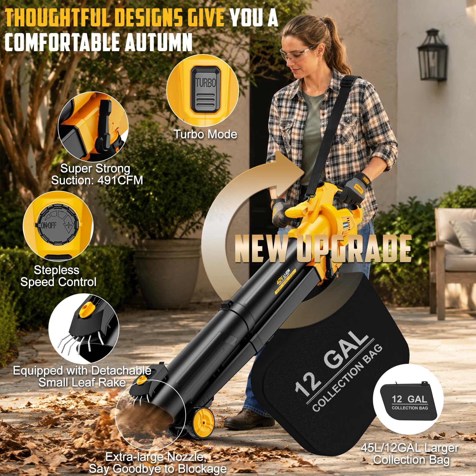 Aspiradora de hojas 3 en 1 inalámbrica con bolsa compatible con batería Dewalt de 20 V, trituradora de hojas eléctrica mejorada y aspiradora de hojas con bolsa de 45 L/12 galones, sopladores de hojas