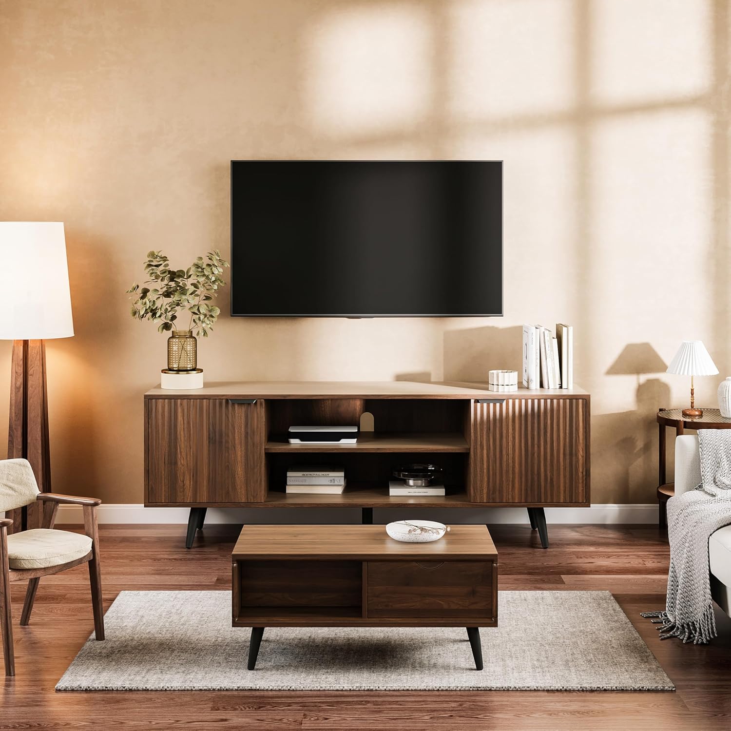 Modern TV Stand with Storage Cabinet, Wood Fashionable TV Cabinet with Waveform Panel and Adjustable Shelf, Entertainment Center TV Stand for TV, Living Room (Dark Walnut Wood)