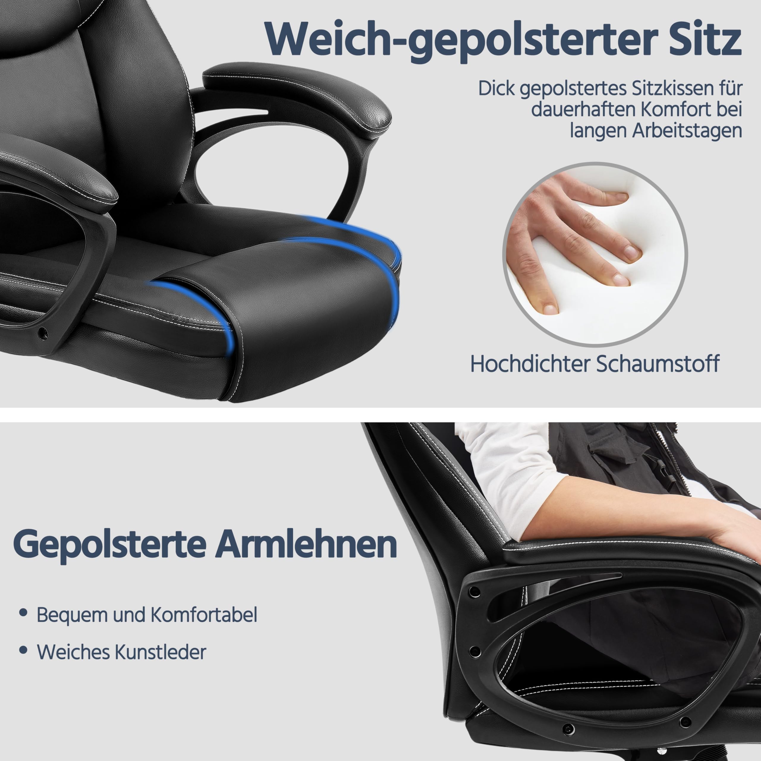 Yaheetech Bürostuhl Chefsessel Ergonomischer Drehstuhl Hoher Rücken Computerstuhl bequem Schreibtischstuhl Höhenverstellbar Office Stuhl Kunstleder Hochdichter Schaumstoff Wippfunktion Schwarz