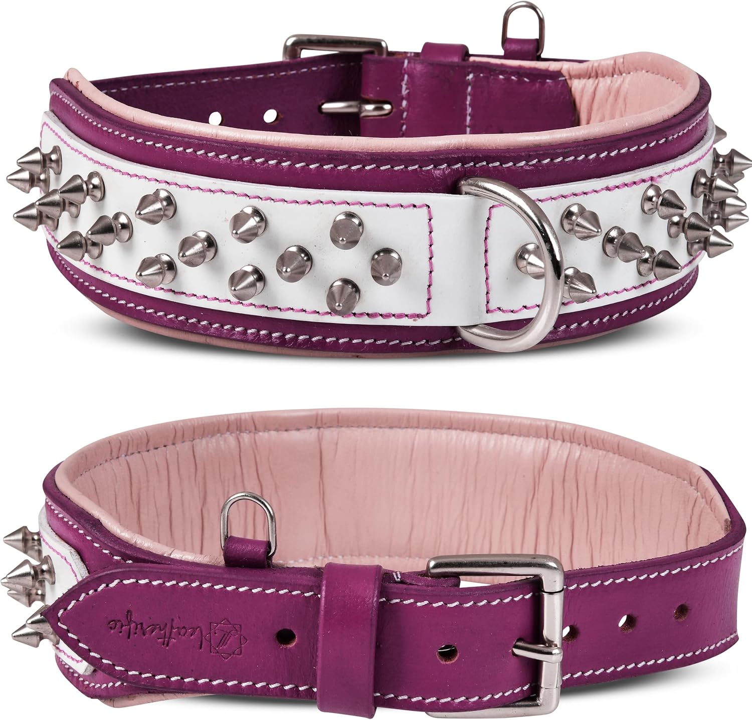 Genuine Leather Dog Collar by Leatherific, Premium Bridle Leather, Heavy Duty, Padded, Strong, Screwed Spikes, Medium, Large, Extra Large Breeds, 2" Wide (Magenta, Neck Size 22"-26")