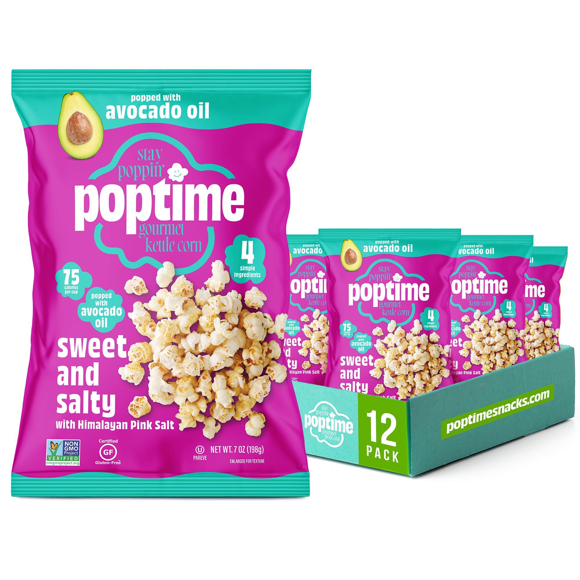 PoptimeKettle Cooked Popcorn Snack Bags – Sweet & Salty Kettle Corn Popcorn Bags, Healthy Snack With Avocado Oil & Himalayan Pink Salt, Gluten Free, Vegan, Low Calorie, Non-GMO - 7 oz - Pack 12
