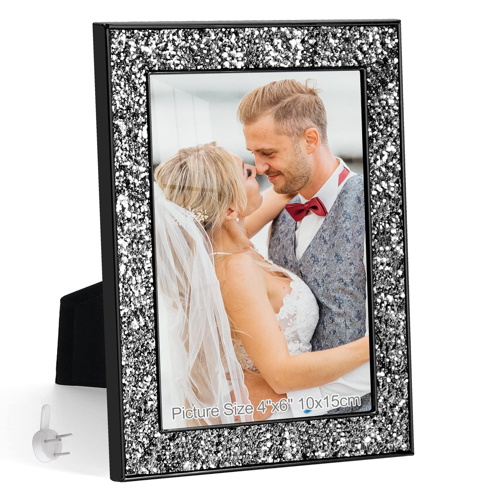 HIKWADERY4x6 Picture Frame Glitter, Black Bling Photo Frame With HD Real Glass, for Wall or Tabletop Display (4"x6", Black)