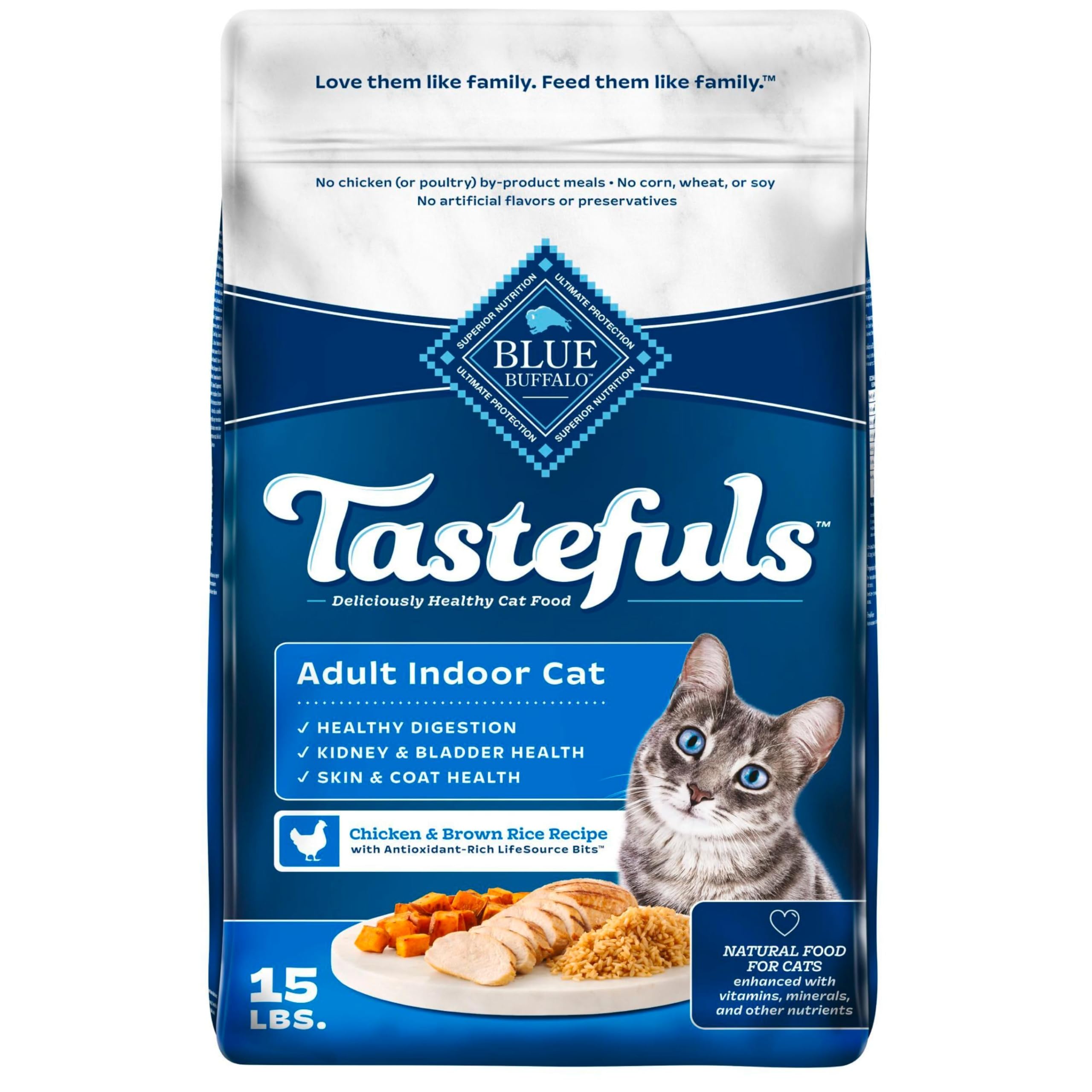 Blue Buffalo Tastefuls Natural Dry Food for Adult Indoor Cats, Chicken & Brown Rice Recipe, 15-lb. Bag