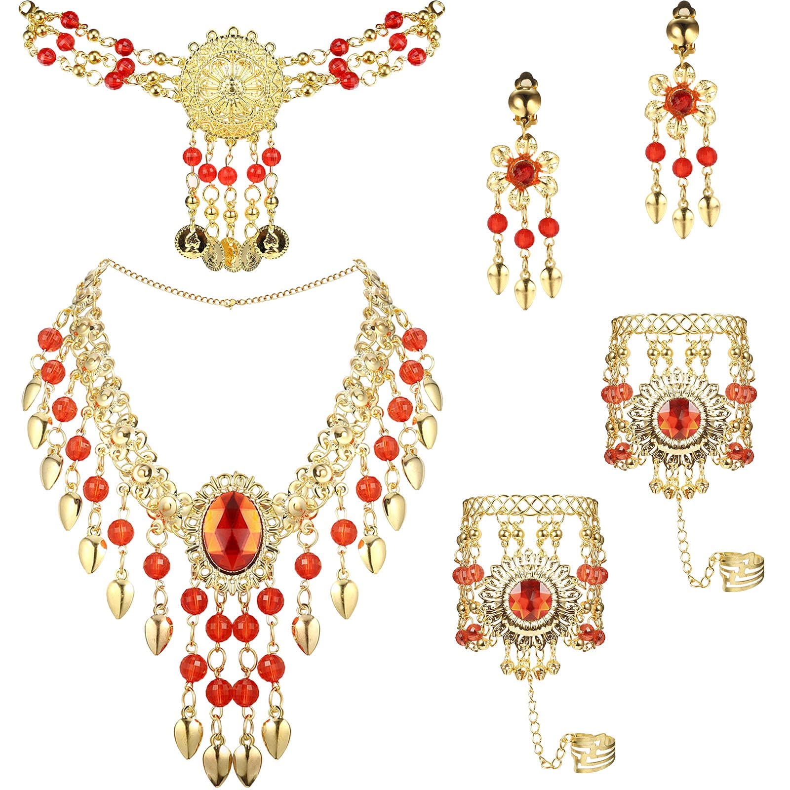 Belly Dance Jewelry Set for Women Head Jewelry Triangle Bracelet Rings Statement Necklace Clip on Earrings Indian Bollywood Style Party Costume Gold Plated