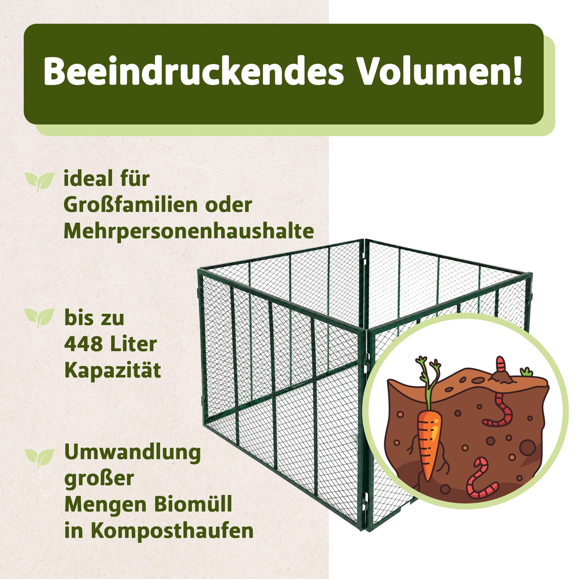 NATIV Garten Metallkomposter 80x80x70 cm dunkelgrün, Komposter mit 448 Liter Volumen, Drahtkomposter für eigenen Kompost, Metall Komposter als Kompostsieb nutzbar, Kompostierer
