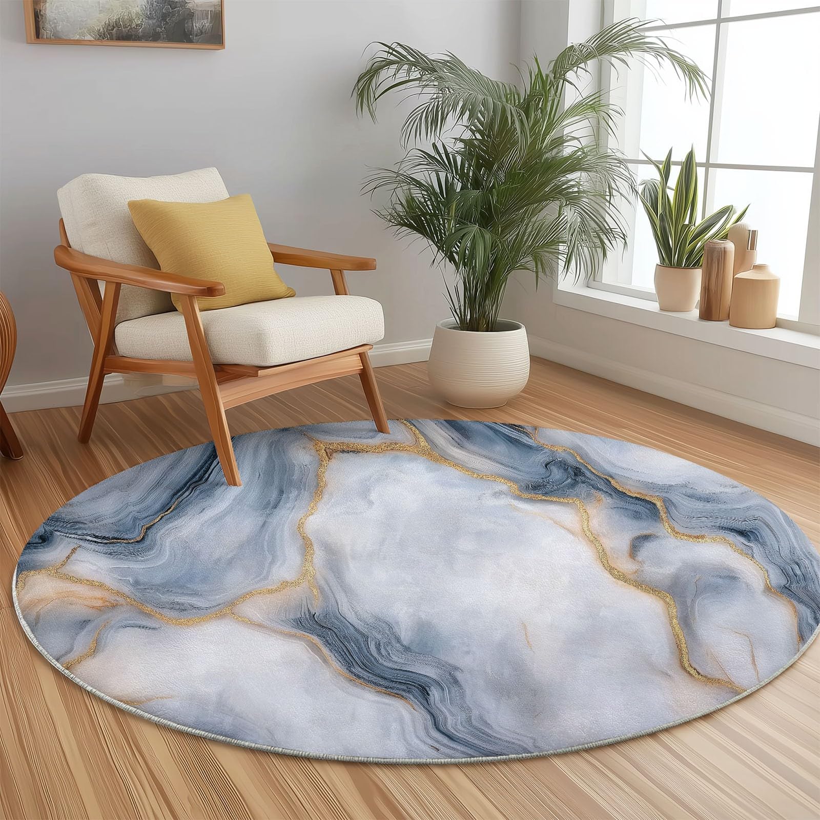 Tappeto Rotondo Moderno e Minimalista Effetto Marmo, 120 cm, Grigio, per Soggiorno, Area Circolare con Retro Antiscivolo, Lavabile, Morbido Tappeto Stampato per Camera da Letto, co