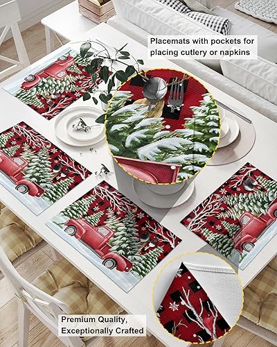 Miniatura 8 de Christmas Elk Table Placemats for Dining Table Set of 4,Cotton Linen Cloth Kitchen Place Mats with Pocket,Washable Burlap SquareRectangleRoundOblong