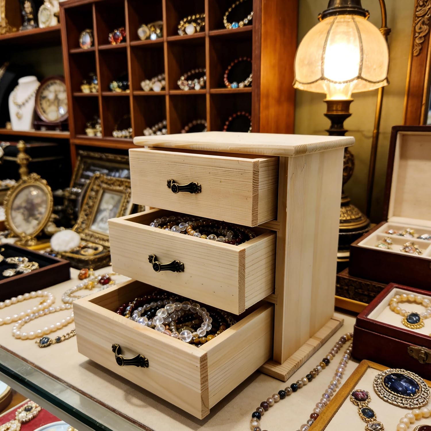 2-Pack Unfinished Solid Wood Boxes with 3 Individual Mini Drawers - Blank Natural Wood Jewelry Storage Box, Paintable & Carvable for DIY Art and Craft Projects